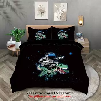 Space Astronaut Pattern Print Down Polyester Quilt Cover Boys And Girls Bedroom Three-Piece Set 135x200cm