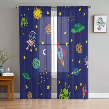 Space Astronaut Rocket Moon Planet Sheer Curtains for Living Room Decoration Window Curtains Kitchen Tulle Voile Curtains W135 x H115cm x1