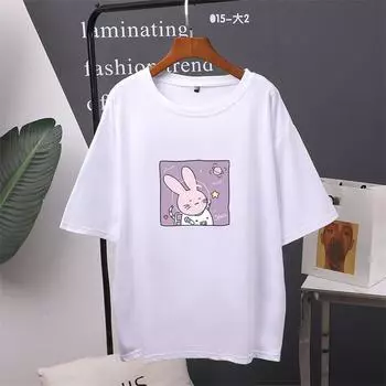 Space Bunny Kawaii Одежда, женские хлопковые футболки большого размера, новая летняя футболка с принтом, мягкий женский джемпер, топ M темно-синий