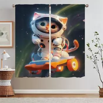 Space Cat Sheer Curtains for Living Room Window Curtains 2 Pcs Set Home and Decoration Customs Free Shipping Products Blackout W50xH70cmx2pcs-CL