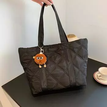 Space cotton tote bag women s 2024 new shoulder hand carry autumn and winter commuting big bag diamond grid cotton bag women s bag tide