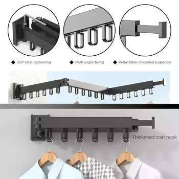 Space Saving Aluminum Retractable Folding Clothes Hanger Wall Mount Cloth Drying Rack Indoor and Outdoor