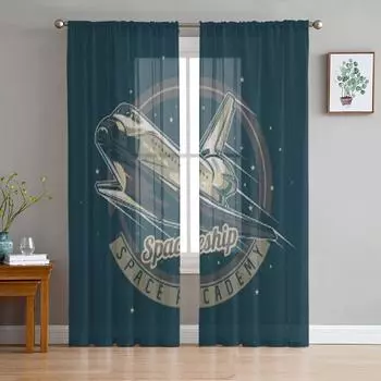 Space Theme Illustration Of Spaceship Chiffon Sheer Curtains for Living Room Bedroom Decoration Window Voiles Tulle Curtain 135W x 114H(cm)