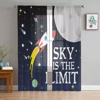 Space Universe Planet Rocket Starry Sky Tulle Window Treatment Sheer Curtains for Living Room the Bedroom Curtains Decoration W135 x H114cm