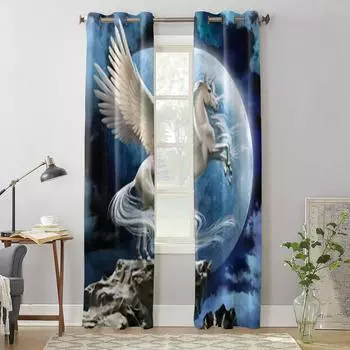 Space White Horse Window Curtains For Living Room Kitchen Modern Curtains Home Decor Blinds Drapes 135W x 60H(cm) x1