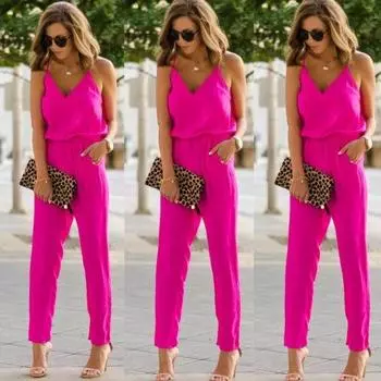 Spaghetti Women Strap Wide Legs Bodycon Jumpsuit Vneck Romper Clubwear Trousers S(US4/UK6-8)
