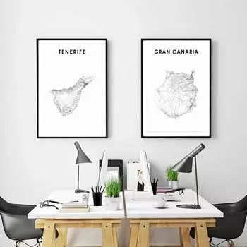 Spain Map Art Poster Gran Canaria & Tenerife Map Print Modern Canvas Painting Wall Pictures Nursery Office Room Home Decoration 21X30cm No Frame
