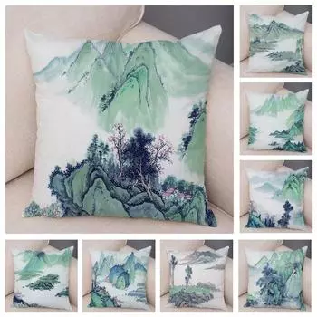 Спальня, гостиная, украшение, китайские чернила, пейзаж, наволочка, зеленая печать, диван, домашний декор, подушка 40x40cm