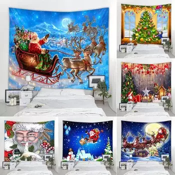 Спальня, гостиная, украшение на стену, рождественский гобелен, подвесной Санта-Клаус, рождественская елка, камин, гобелен с лосем 100x75cm