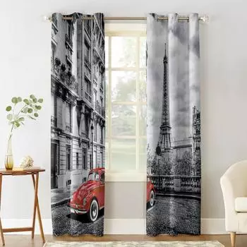 Спальня Кухонные Шторы Красный Винтажный Автомобиль Парижская Башня Уличная Занавеска Предметы Украшения Гостиной Оконные Шторы для Гостиной 135W x 60H(cm)