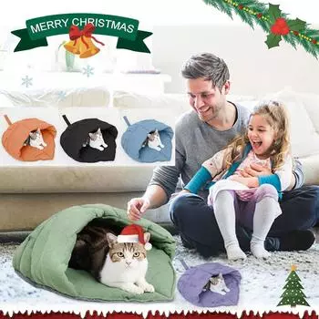 Спальный мешок для кошек, льняная ткань, кровать-пещера, чехол для питомца, скрытый капюшон, пещера, удобная, мягкая, моющаяся, с нескользящим дном One Size чёрный