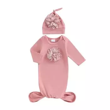 Спальный мешок с длинными рукавами для малышей, милый цветочный детский комплект из одеяла и шапочки для новорожденного 0-3 Months синий