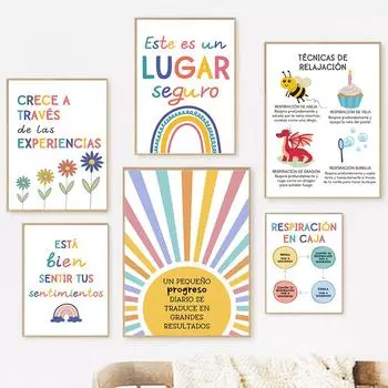 Spanish Education Motto Rainbow Sunshine Wall Art Canvas Painting Nordic Posters And Prints Cartoon Picture Baby Kids Room Decor 21x30cm No Framed
