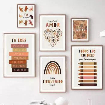 Spanish Educational Human Equality Boho Rainbow Nursery Poster Wall Art Print Canvas Painting Classroom Pictures Baby Room Decor 21x30cm No Framed