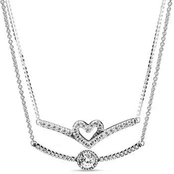Sparkling Heart Wishbone Collier Round Sparkle Timeless Elegance 925 Sterling Silver Necklace For Europe Bead Charm Diy Jewelry