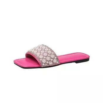 Sparkling Rhinestone Women s Slippers 2024 Summer Plus Size Sandals Square Head Pearl Flat Wear Beach Shoes 36 белый
