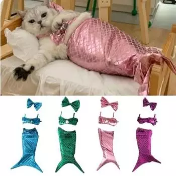 Sparkly Cat Mermaid Costume Cute Pet Dressing Skirt Swimsuit Dog Cosplay Clothes Kitten M