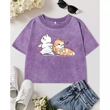 Спасите Спящего Кота Мультяшный Принт Женская Выстиранная Футболка Слим Y2K Хлопковый Укороченный Топ Футболка с Коротким Рукавом M