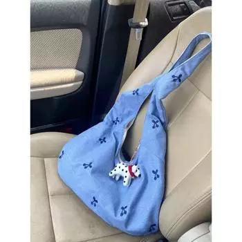 Special-Interest Design Cherry Embroider Canvas Bag Women s Summer Idle Style Loose Shoulder Bag Commuter Tote Blue