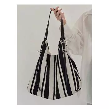 Special-Interest Design Idle Style Tote Bag 2024 New Arrival Contrast Color Stripes Leisure Bucket Bag Work Clothing Shoulder Underarm Bag Main picture color [gift bag]]