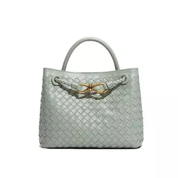Special-Interest Design Metal Authentic Leather Weave Retro Tote Bag Agate Gray small size 25cm