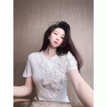 Special-Interest Design Slim-Fit Slim Looking Short-Sleeved Women s Summer Flowers White M