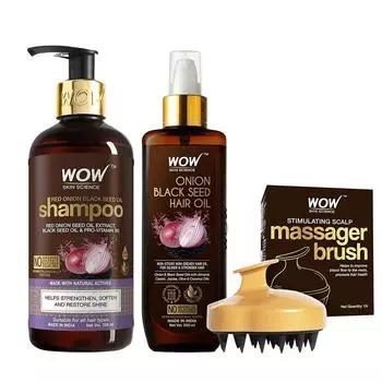 Специальная комбинация от WOW Skin Science Луковое масло для волос с экстрактами масла черного тмина + шампунь с луковым маслом + щетка
