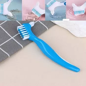 Специальная зубная щетка Зубная щетка с двумя головками Зубные щетки для чистки искусственных зубов Очиститель десен для невидимых брекетов Ортодонтический ретейнер синий
