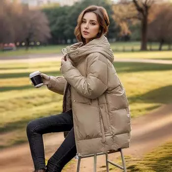 Специально для зимних глянцевых женских пуховиков, курток средней и длинной длины с капюшоном, корейской версии утолщенных пуховиков для женщин. L чёрный