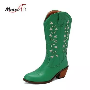 Специальное предложение по России. Женские вышитые ковбойские сапоги в стиле вестерн. Ретро-сапоги на толстом высоком каблуке. Сапоги-ковбойки длиной до середины голени. Размеры 34-48 35