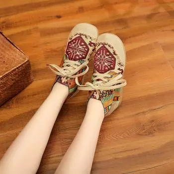 Специальные ботинки для осени и зимы, вышитые вручную, с круглым носком, со шнуровкой, с цветочным узором, льняные и хлопковые, ботильоны для женщин 40 красный