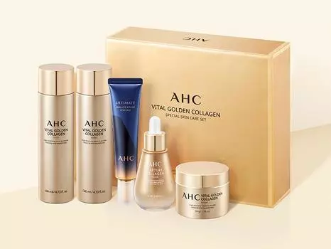 Специальный набор для ухода за кожей AHC Vital Golden Collagen: Тоник 140мл, Лосьон 140мл, Крем 50г, Ампульный уход 50мл, Крем для кожи вокруг глаз 30мл
