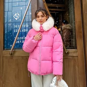 Специальный вклад одежда женская зимняя новая корейская версия большой меховой воротник пуховик модное свободное пальто M розовый