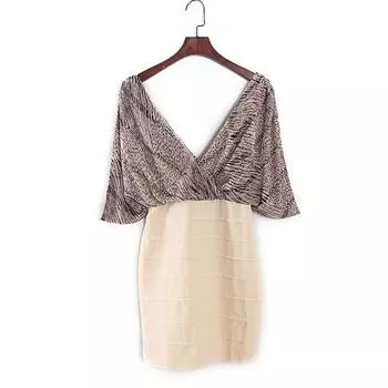 Special Offer [High] Summer Clothing Women s Clothing Counter European and American Stitching Elegant Slim and Sexy Hip Bag Dress 5g062 Beige 2XL