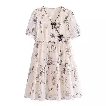 Special Offer Straight New Arrival New Chinese Style Improved Cheongsam V-neck Floral Organza Dress Female E332 Ink Print S