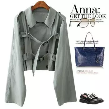 Special Price Big Sale! There Are Stylish! Green Cotton Pull-Belt Buckle Doll Collar Long Sleeves Cropped Coat Top Women Army Green M