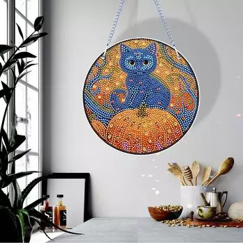 Special Shape Diamond Painting Hanging Sign Halloween Cat Suncatcher Diamond Painting Art Pendant Diamond Painting Hanging Decor