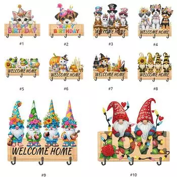 Special Shape Wooden Wall Hanging Hooks Puppy Cats Flower Embroidery Coat Hooks DIY Art Crafts Diamond Painting Home Decoration