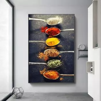 Специи в ложках для приготовления пищи, холст, художественные постеры и принты, кухонная тема, холст, картины на стене, художественные фотографии, кухонный декор 20x30cm