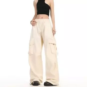 Спецодежда с высокой талией, повседневные брюки-карго для женщин, модные прямые широкие брюки, женские уличные однотонные свободные мешковатые брюки, женские 24200 M чёрный