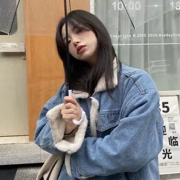 Спереди и сзади две модели джинсовой куртки с хлопковой подкладкой из кроличьего меха, женская зимняя свободная плюшевая утолщенная меховая хлопковая куртка, другие S (80-47.5 kg recommended)