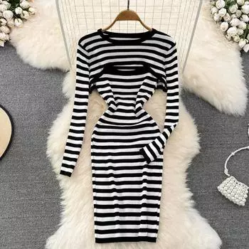 Spice Girl Sexy Stripes трикотажное облегающее платье на бретельках из двух частей футболка с длинными рукавами и круглым воротником One Size чёрный