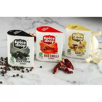 Spice Drop Finger Food Combo | Экстракт черного перца (Кали Мирч), Чеснок (Лахсун)и красный чили (Лал Мирч) | Веганский | 180 капель каждая | 5 мл x 3 упаковки