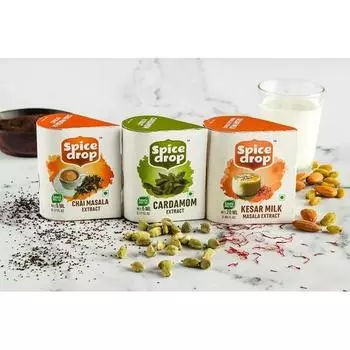Spice Drop Royal Beverage Combo - Натуральный экстракт Kesar Milk Masala, Кардамона и Чай Масала - 100% натуральные экстракты(2x5мл и 1 x20 мл)