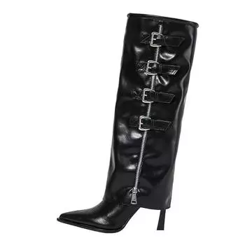 Spice girl catwalk warehouse tube boots women s side zipper high heel fashion boots belt buckle slim long tube boots tide 35