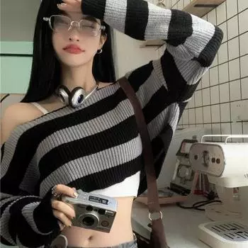 Spice girl односложный вязаный свитер с плечом для женщин весна-осень новые полосы свободный и универсальный дизайн короткий топ длинные рукава average size (customer service online)