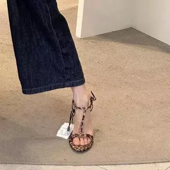 Spice girl рекомендует~~ Сексуальные туфли на высоком каблуке с леопардовым принтом, женские туфли-шпильки с открытым носком, летние сандалии с ремешками 34 леопардовый