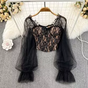 Spice Girl Сексуальная рубашка с квадратным вырезом и кружевной вышивкой в сетку с расклешенными рукавами, тонкий короткий топ