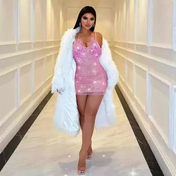 Spice girl сексуальное ажурное платье с вышивкой алмазами на шее XS розовый