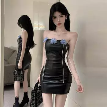 Spice girl топ-труба с объемными цветочными цепочками облегающее платье из искусственной кожи для женщин S чёрный